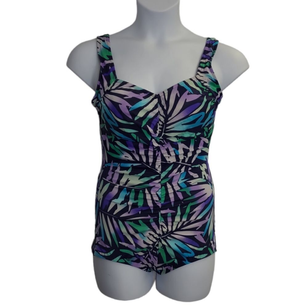 VINTAGE 90s retro‎ fern leaf print ruched low cut one piece swimsuit M